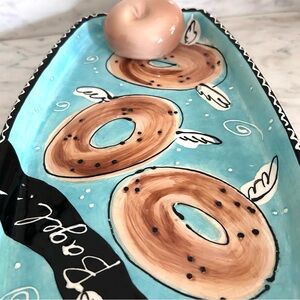 Joanne Delomba for Lotus Ceramic 3D "Have a Bagel" flying bagel Platter 17” X 9”
